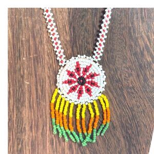 Handmade Starburst Beaded Necklace With Colorful Floral Pendant & Fringe Design